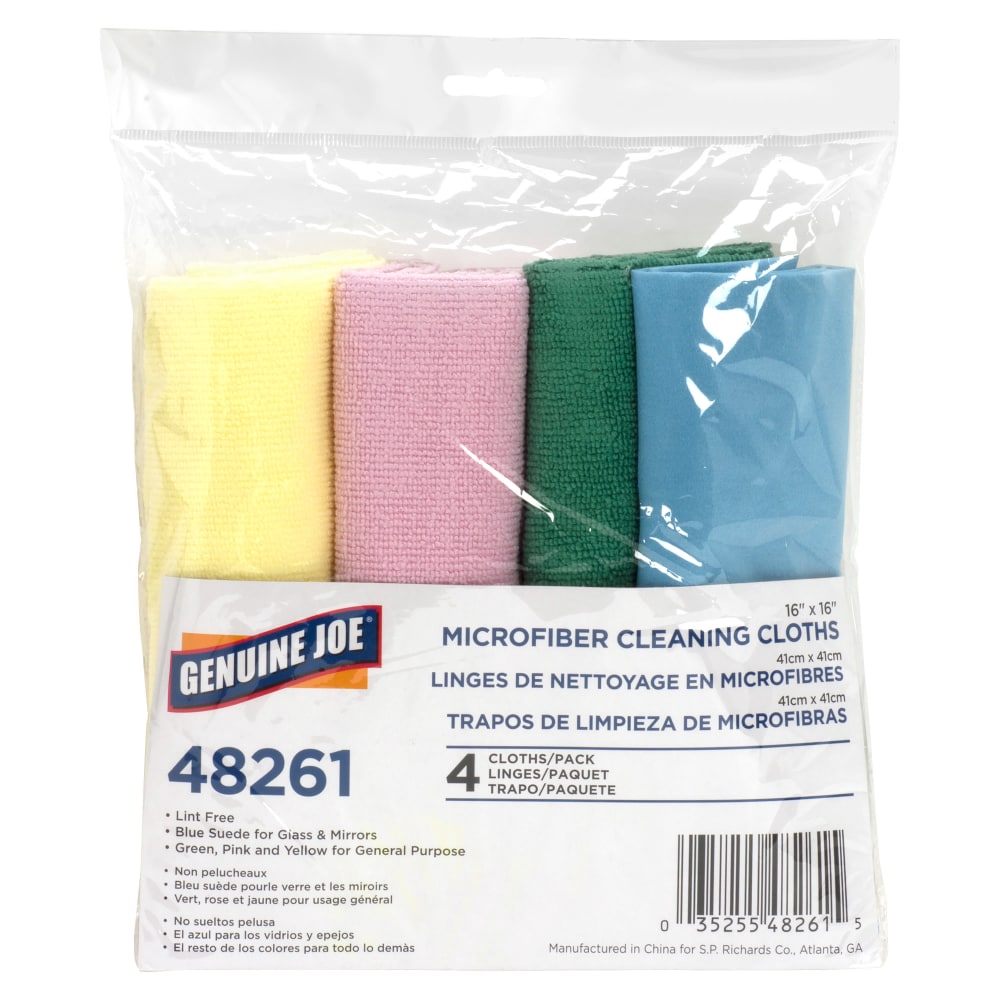 Genuine Joe Color-coded Microfiber Cleaning Cloths - 16in Width x 16in Length - Assorted - MicroFiber - 4/Pack - 9 / Carton