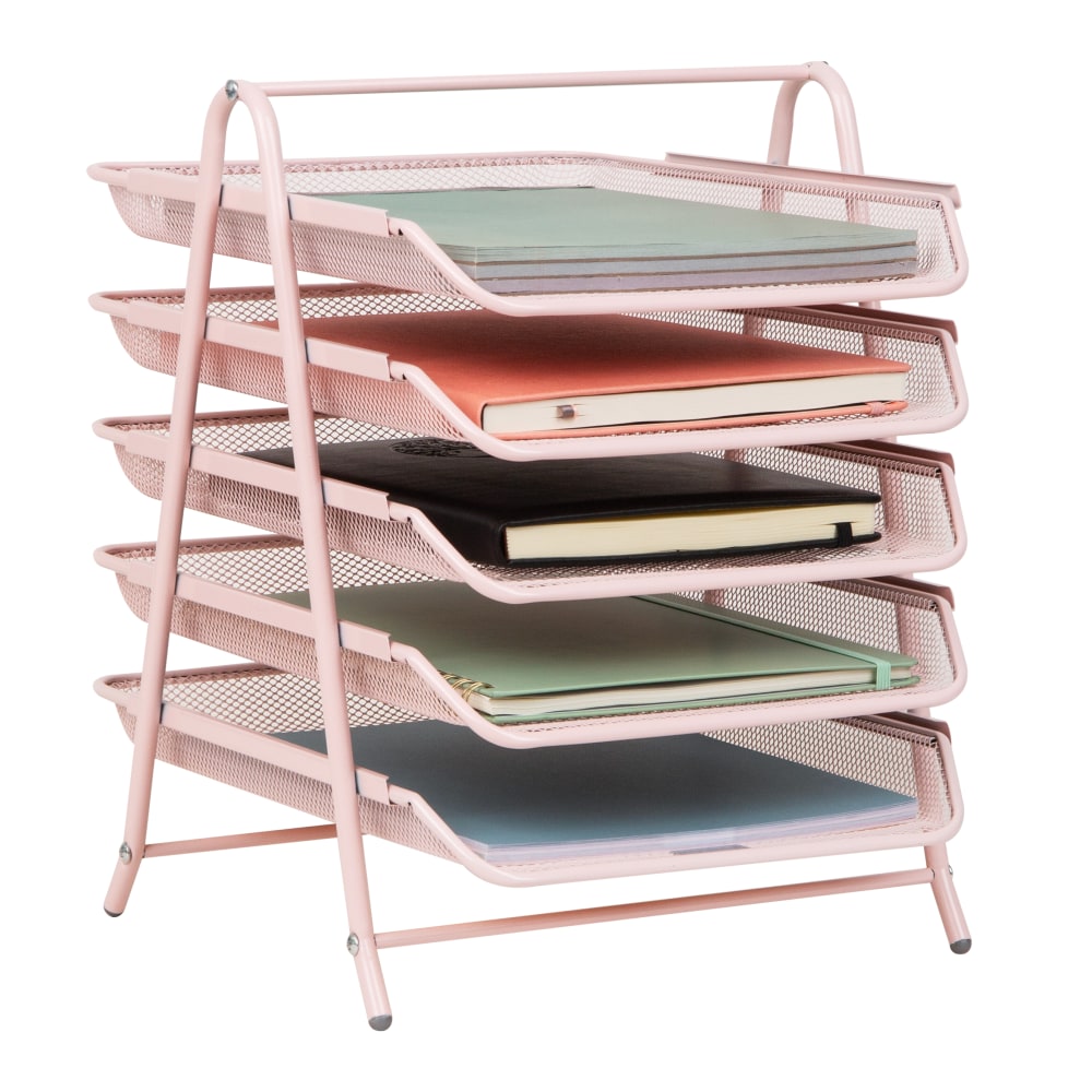 Mind Reader 5-Tier Paper Tray Desktop Organizer Metal Mesh, 15inH x 14inW x 11-3/4in L, Pink