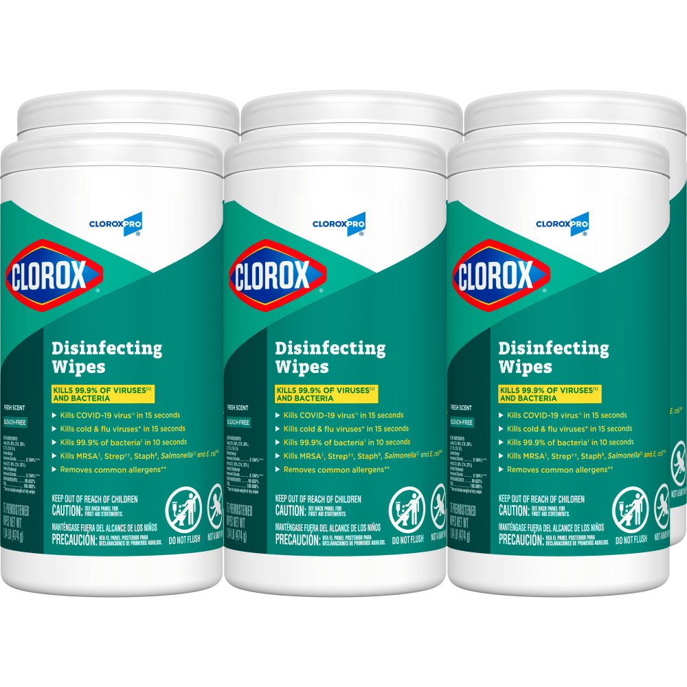 CloroxPro Clorox Disinfecting Wipes, Fresh Scent, 75 Wipes Per Canister, Box Of 6 Canisters