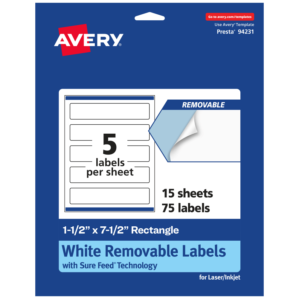 Avery Removable Labels With Sure Feed, 94231-RMP15, Rectangle, 1-1/2in x 7-1/2in, White, Pack Of 75 Labels