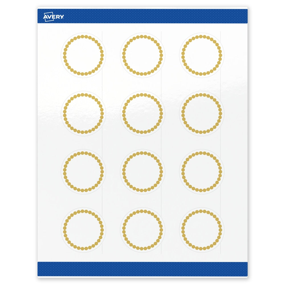 Avery Print-To-The-Edge Labels With Sure Feed Technology, S00-D1J-PRWGP10, Round, 2in, Glossy White, Preprinted Gold Beads Design, Pack Of 120
