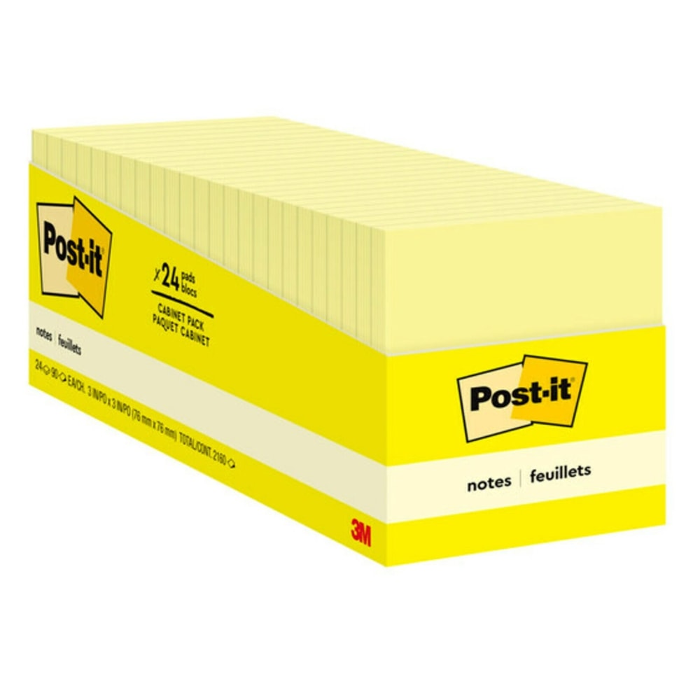 Post-it Notes, 3 x 3 in, 24 Bulk Sticky Note Pads, 100 Sheets/Pad, School Supplies and Office Products, The Iconic Canary Yellow Note, 65424CP