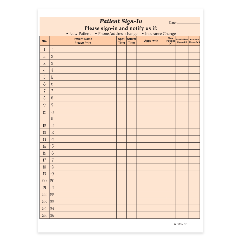 HIPAA Compliant Patient/Visitor Privacy 2-Part Sign-In Sheets, 8-1/2in x 11in, Orange, Pack Of 125 Sheets