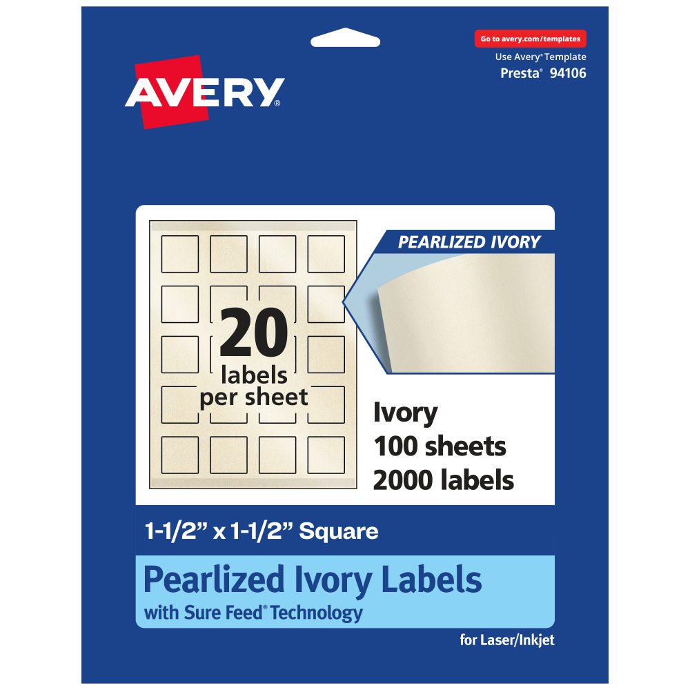 Avery Pearlized Permanent Labels With Sure Feed, 94106-PIP100, Square, 1-1/2in x 1-1/2in, Ivory, Pack Of 2,000 Labels