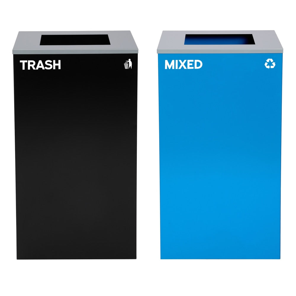 Alpine Industries Stainless-Steel Open Top Mixed Recycling And Trash Can Set With Square Lids, 29 Gallons, Black/Blue - ALP4450-BLK-KIT2