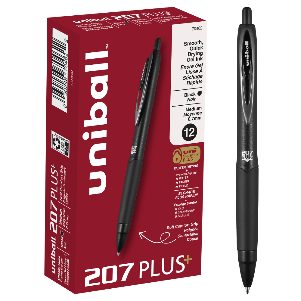 uniball 207 Plus+ Gel Pen - Medium Pen Point - 0.7 mm Pen Point Size - Retractable - Black Gel-based, Nanofiber Ink Ink - 70462