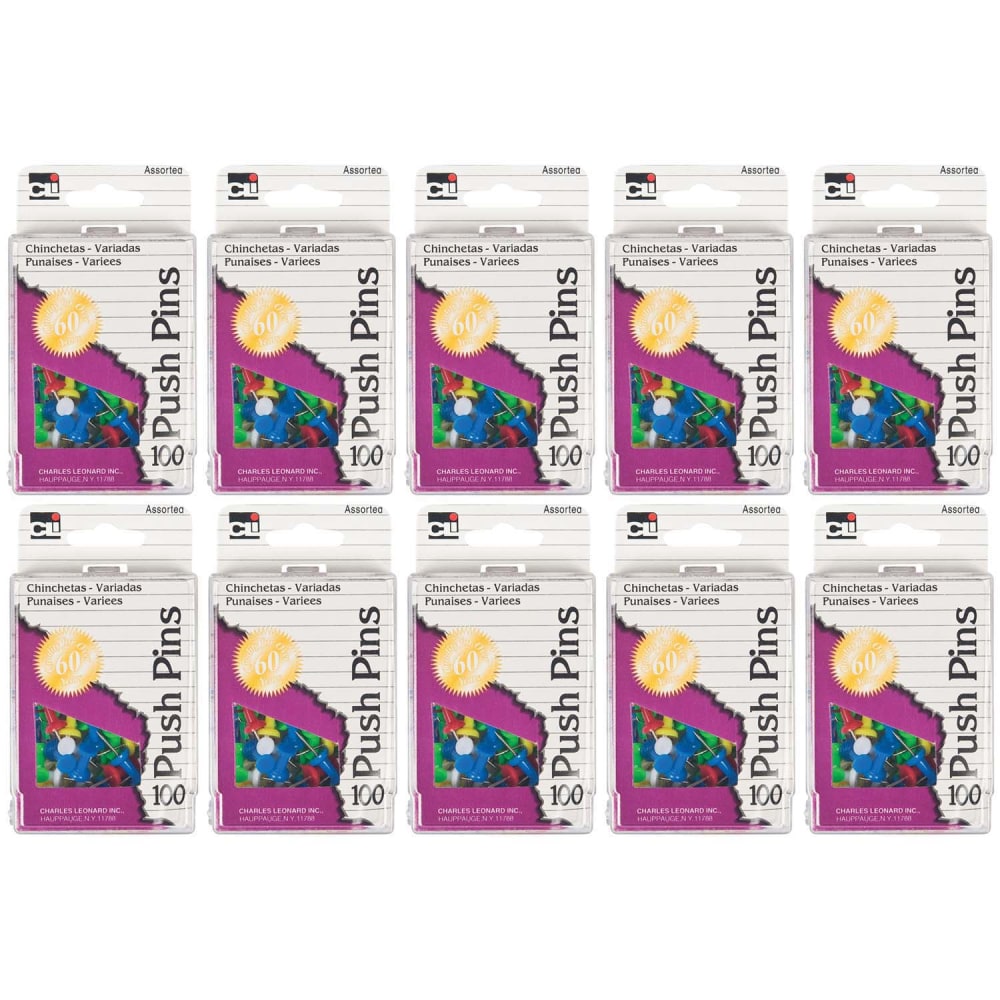 Charles Leonard Pushpins, 7/16in, Assorted Colors, 100 Pushpins Per Box, Pack Of 10 Boxes