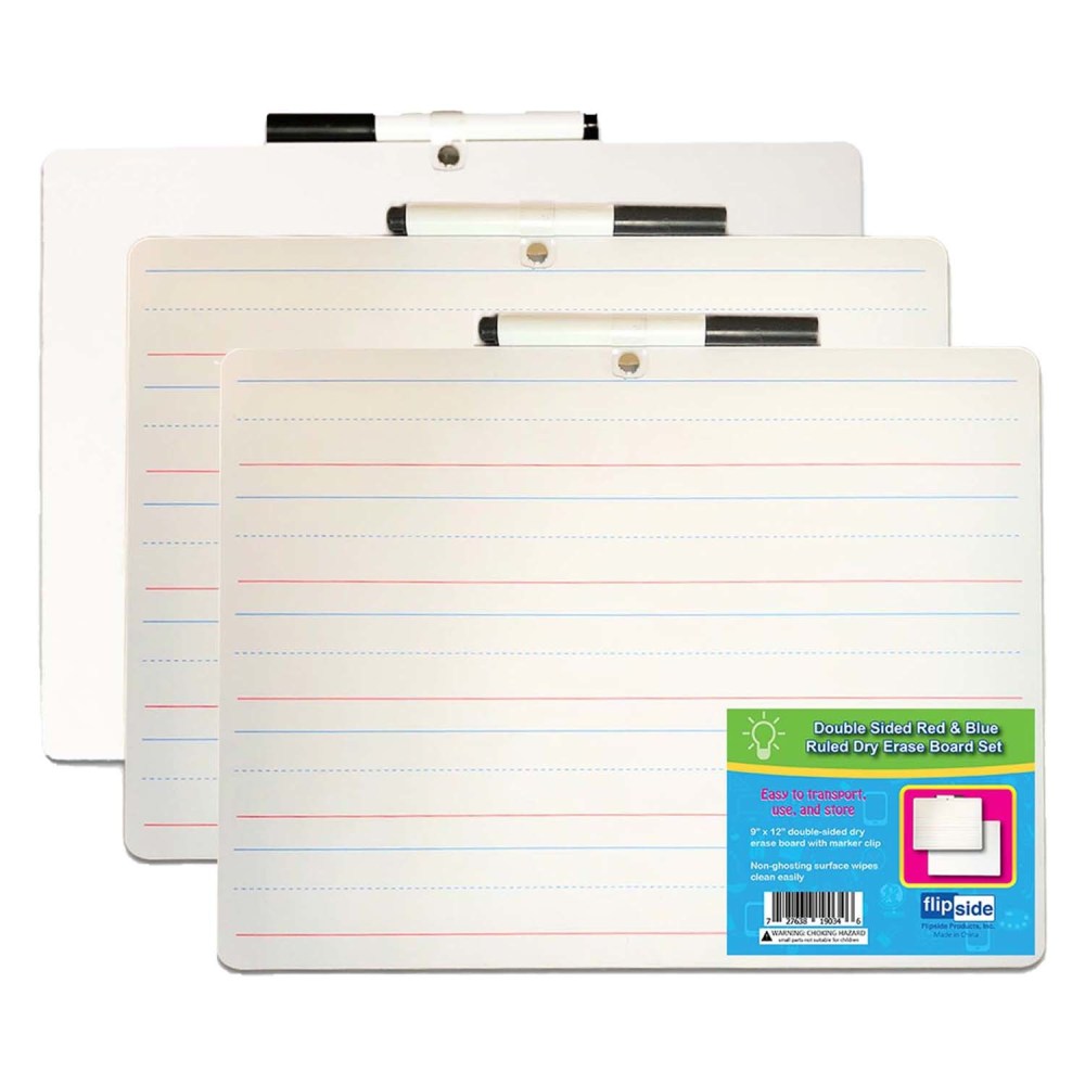 Flipside Products 2-Sided Dry-Erase Boards With Attached Markers, 9in x 12in, Primary Ruled/Blank, Pack Of 3 Boards