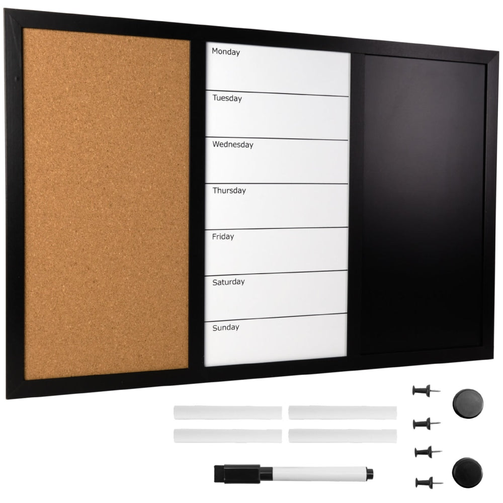 Excello Global Products Magnetic Dry-Erase Whiteboard/Chalk/Cork Combo Board, Aluminum, 15-1/2in x 23-1/2in, Black Wood Frame