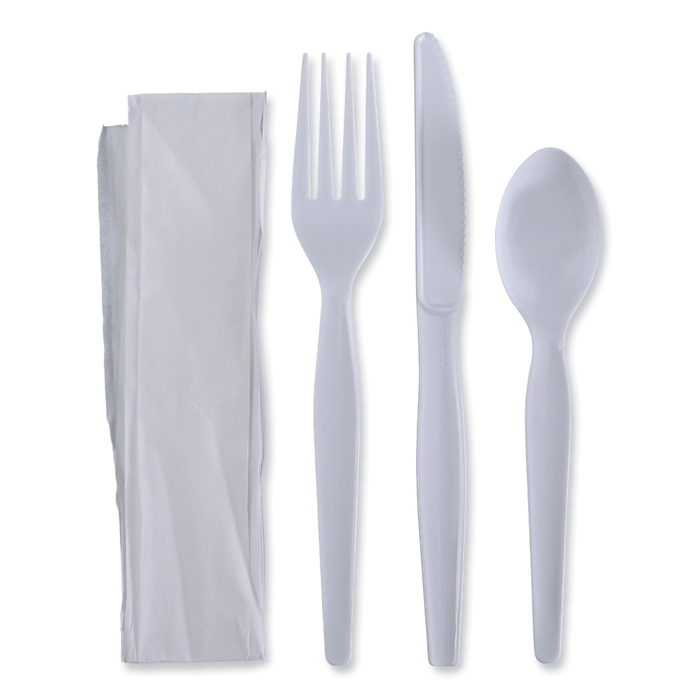 Boardwalk 4-Piece Cutlery Kits, Fork/Knife/Napkin/Teaspoon, 7-1/2inL, White, Carton Of 250 Kits