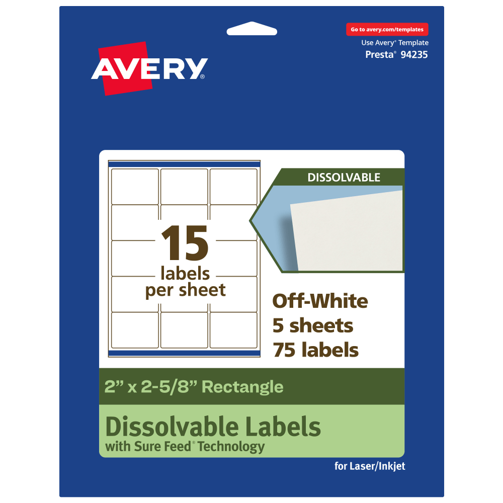 Avery Dissolvable Labels With Sure Feed Technology, 94235-DWMP5, Rectangle, 2inx2-5/8in, Matte Off-White, Pack Of 75