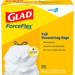 CloroxPro Glad ForceFlex Tall Kitchen Drawstring Trash Bags,  0.78 mil, 13 Gallon, Box of 100 (78374)