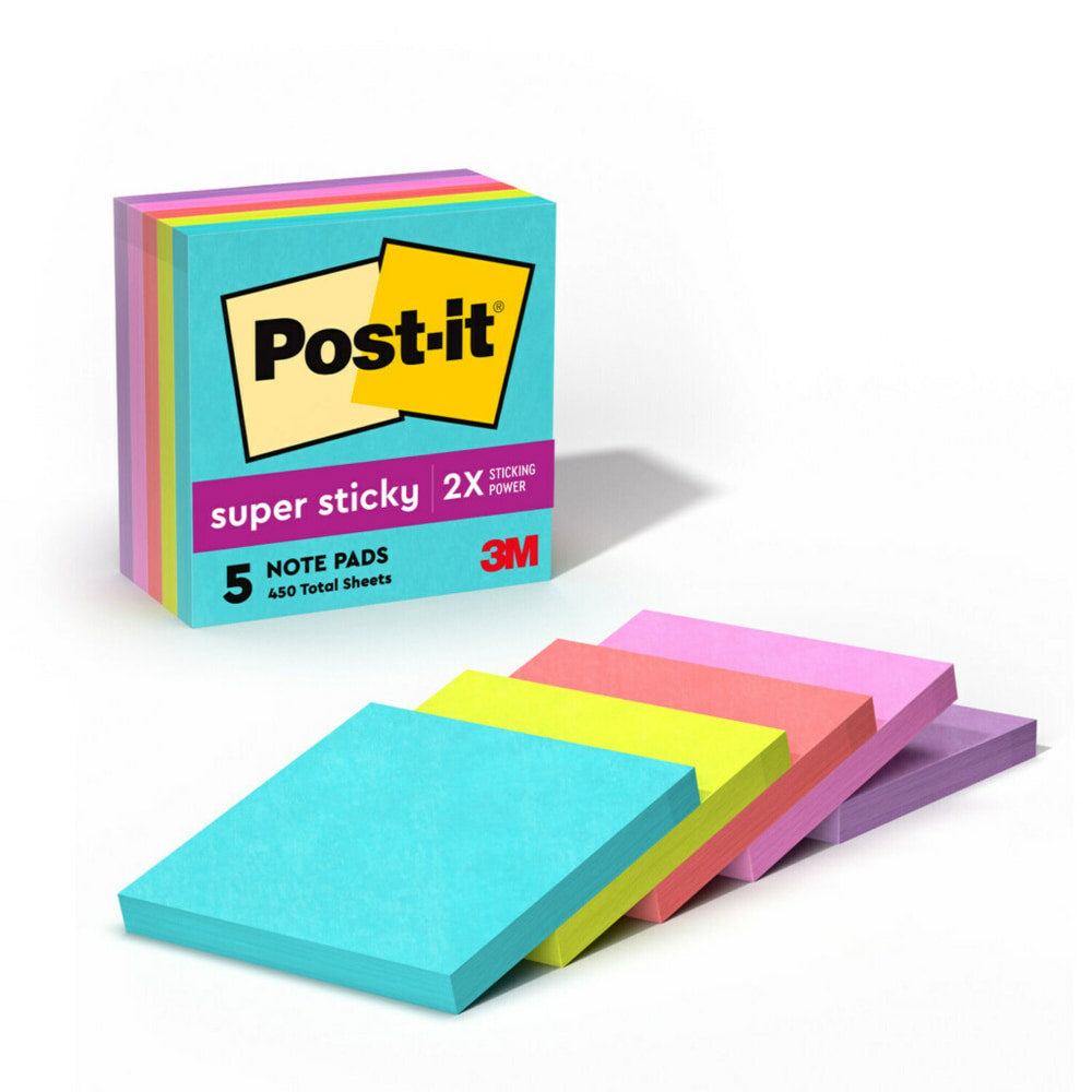 Post-it Super Sticky Notes, 3 x 3 in, 5 Sticky Note Pads, 90 Sheets/Pad, 2X the Sticking Power, School Supplies and Office Products, Supernova Neons