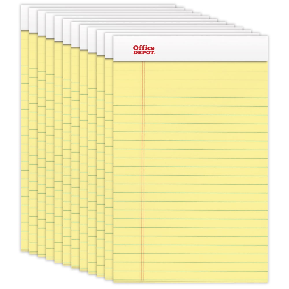 Office Depot Brand Writing Pads, 5in x 8in, Narrow Ruled, 50 Sheets, Canary, Pack Of 12 Pads