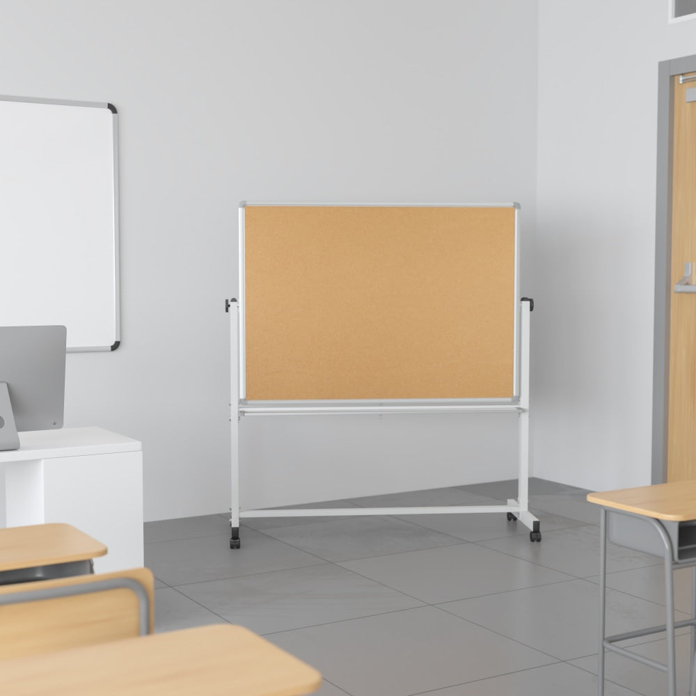 Flash Furniture Reversible Mobile Cork Board/Non-Magnetic Dry-Erase Whiteboard With Pen Tray, 59in x 53in, Aluminum Frame With Silver Finish