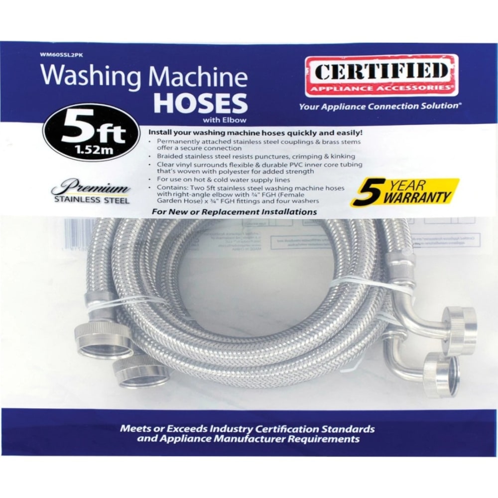 Certified Appliance Accessories 2 PK Braided Stainless Steel Washing Machine Hoses - 60in - Silver, Stainless Steel - WM60SS2PK