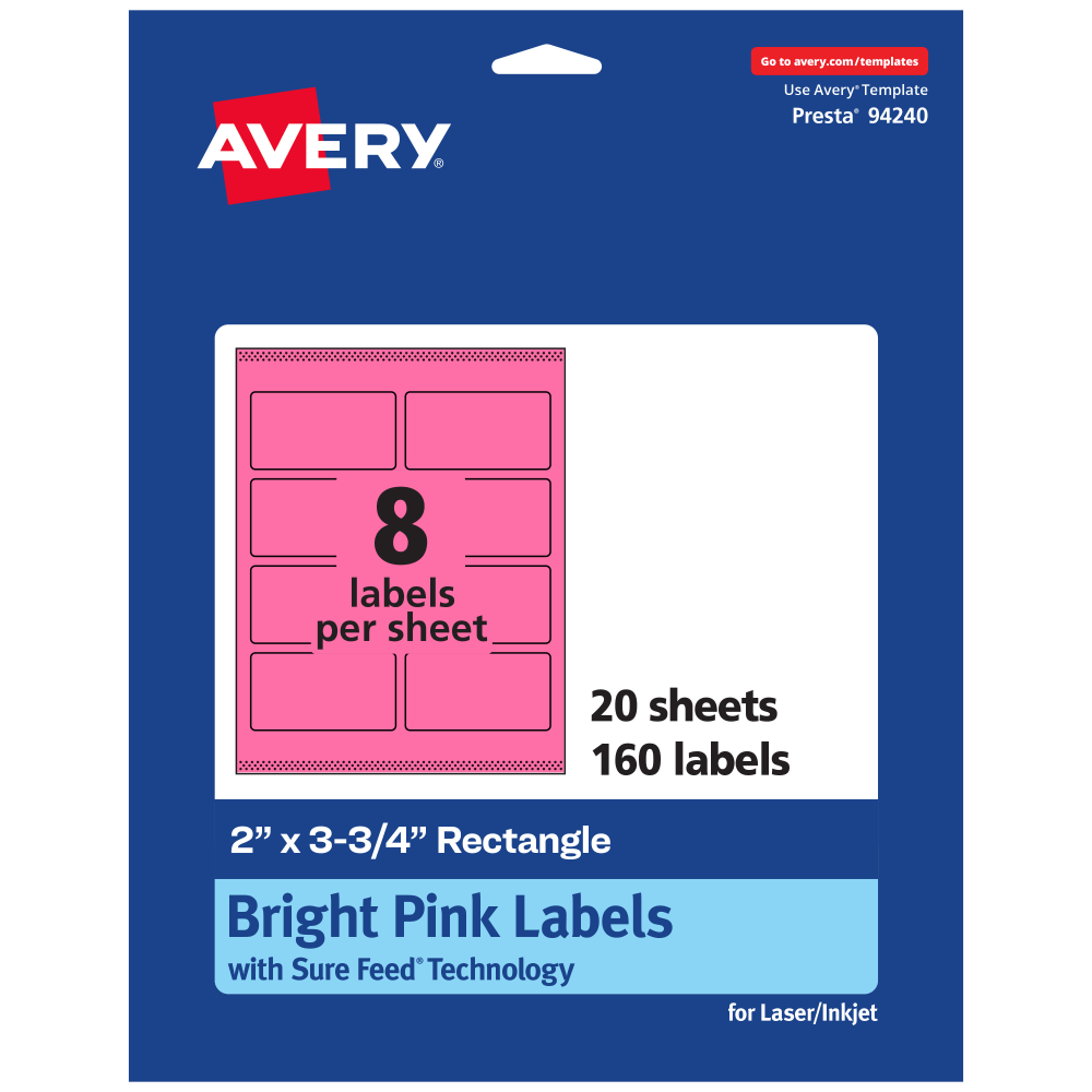Avery Print-To-The-Edge Labels With Sure Feed Technology And Easy Peel, 94240-BPP20, Rectangle, 2in x 3-3/4in, Matte Bright Pink, Pack of 160
