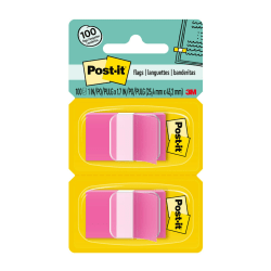 Post-it Flags, 1in x 1 -11/16in, Bright Pink, 50 Flags Per Pad, Pack Of 2 Pads