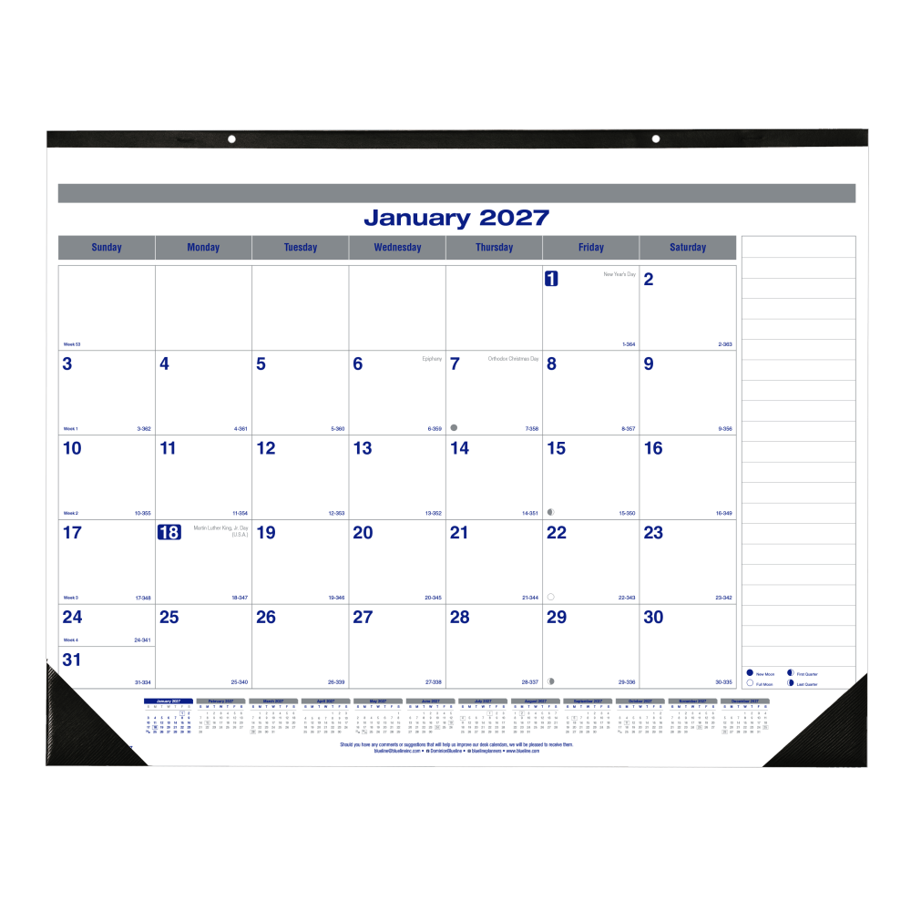 2027 Blueline Net Zero Carbon Monthly Desk Pad Calendar, 22in x 17in, 100% Recycled, Blue/White, January To December, C177847, Total Qty 1