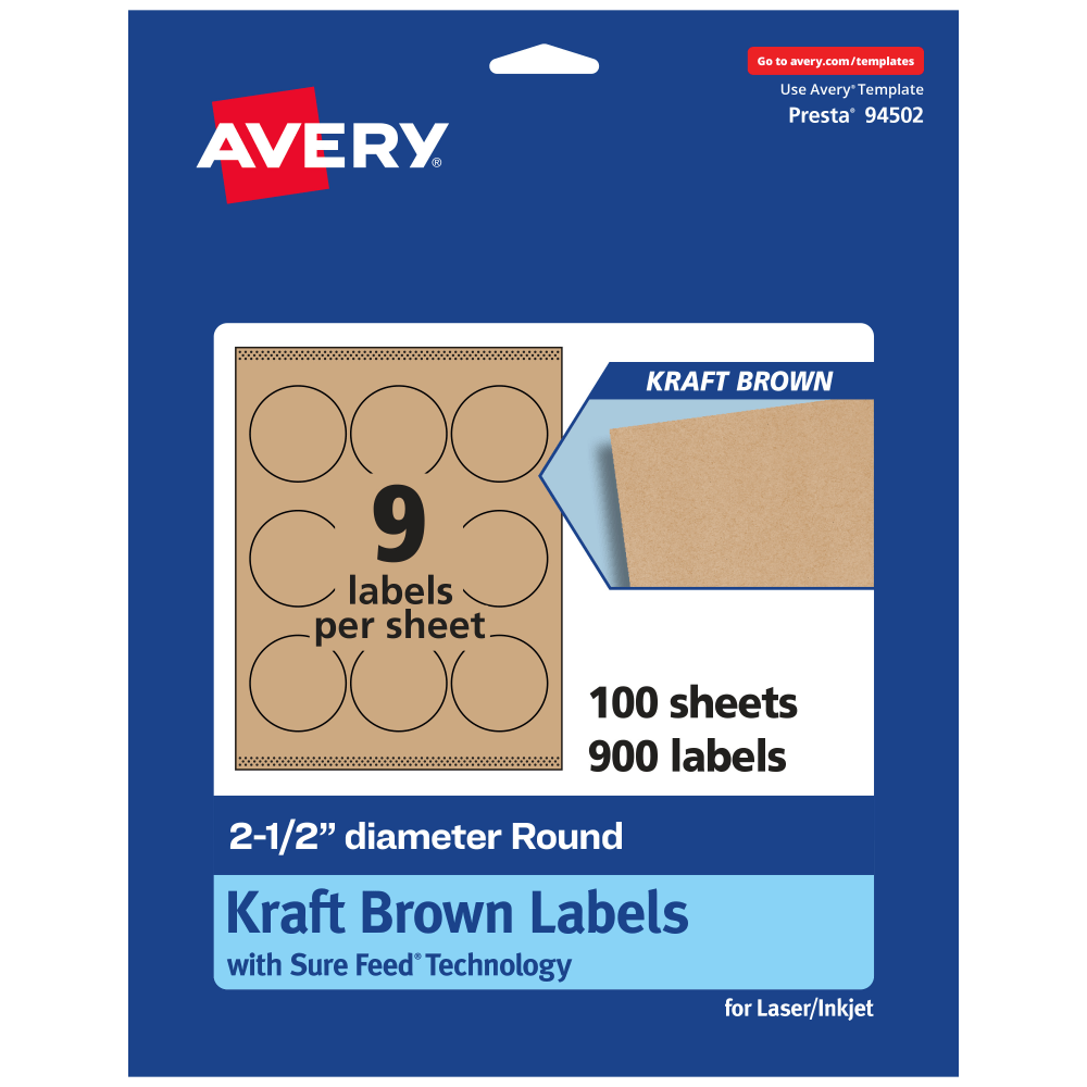 Avery Kraft Permanent Labels With Sure Feed, 94502-KMP100, Round, 2-1/2in Diameter, Brown, Pack Of 900