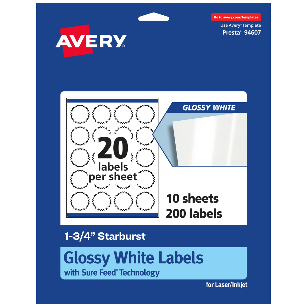 Avery Glossy Permanent Labels With Sure Feed, 94607-WGP10, Starburst, 1-3/4in, White, Pack Of 200