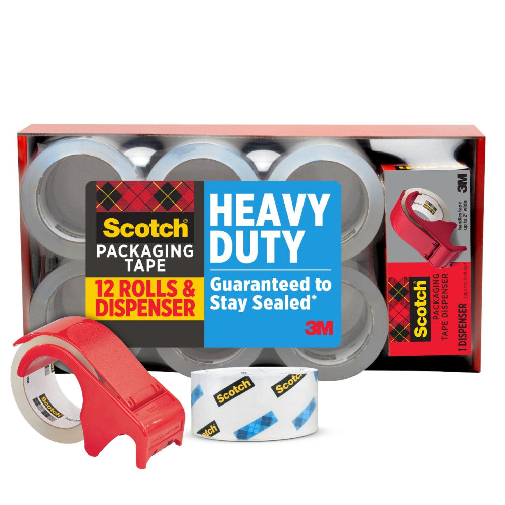 Scotch Heavy Duty Shipping Packaging Tape, 1.88 in x 54.6 yd, 12 Tape Roll with 1 Dispenser, Moving Supplies, Packing Tape for Moving Boxes