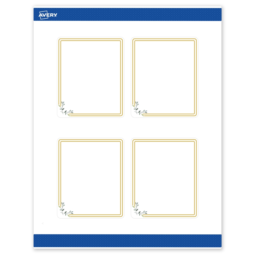 Avery Print-To-The-Edge Labels & Sure Feed, S00-DMQ-PRWMP10, 4in x 3-1/3in, Matte White, Preprinted Double Gold Border & Floral Design, Pack Of 40