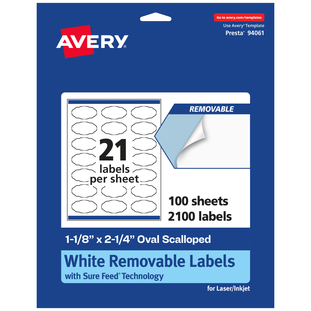 Avery Removable Labels With Sure Feed, 94061-RMP100, Oval Scalloped, 1-1/8in x 2-1/4in, White, Pack Of 2,100 Labels