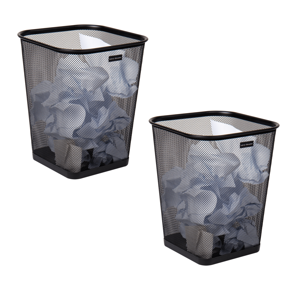 Mind Reader Metal Trash Can Square Waste Paper Basket, 12 1/4inH x 9 3/4inW x 9 3/4inD, Black, Set of 2