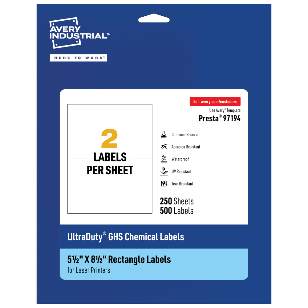 Avery Ultra Duty Permanent GHS Chemical Labels, 97194-WMU250, Rectangle, 5-1/2in x 8-1/2in, White, Pack Of 500
