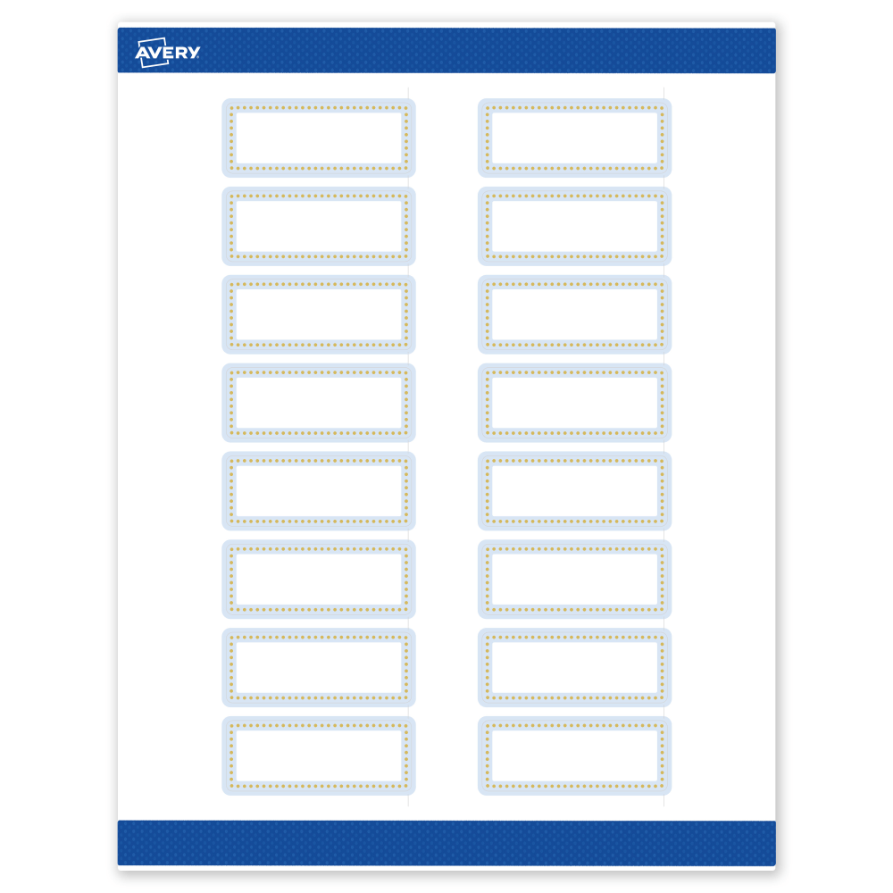 Avery Print-To-The-Edge Labels & Sure Feed, S00-D2E-PRWMP10, 1in x 2-5/8in, Matte White, Preprinted Blue Border & Gold Dots Design, Pack Of 160