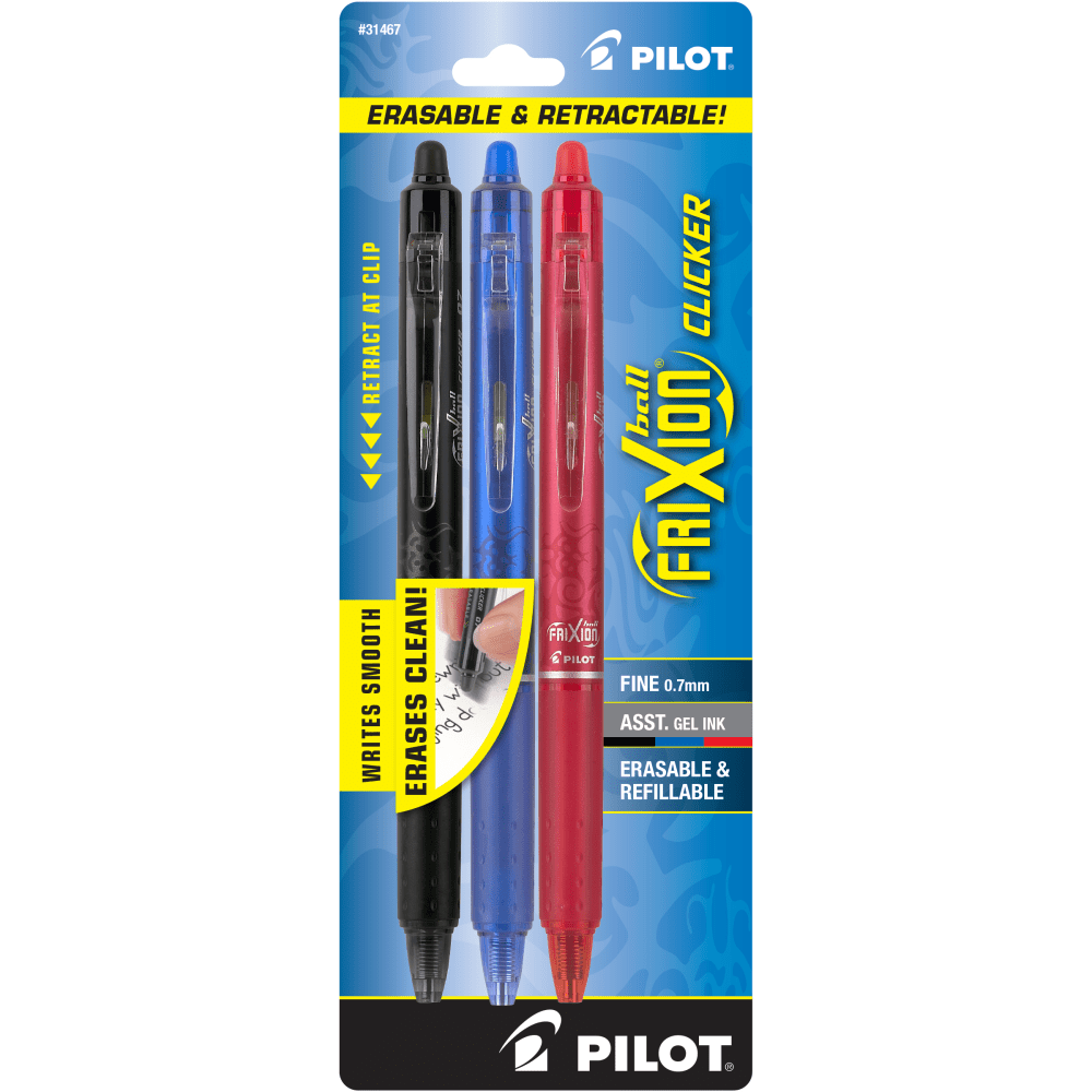 Pilot FriXion Ball Clicker Erasable Retractable Gel Pens, Pack of 3, Fine Point, 0.7 mm, Assorted Barrels, Assorted Ink Colors