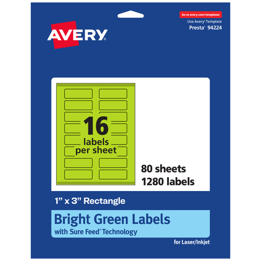 Avery Print-To-The-Edge Labels With Sure Feed Technology And Easy Peel, 94224-BGP80, Rectangle, 1in x 3in, Matte Bright Green, Pack of 1280