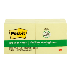 Post-it Greener 100% Recycled Paper Notes, 3 x 3 in, 12 Sticky Note Pads, 100 Sheets/Pad, School Supplies and Office Products, Canary Yellow