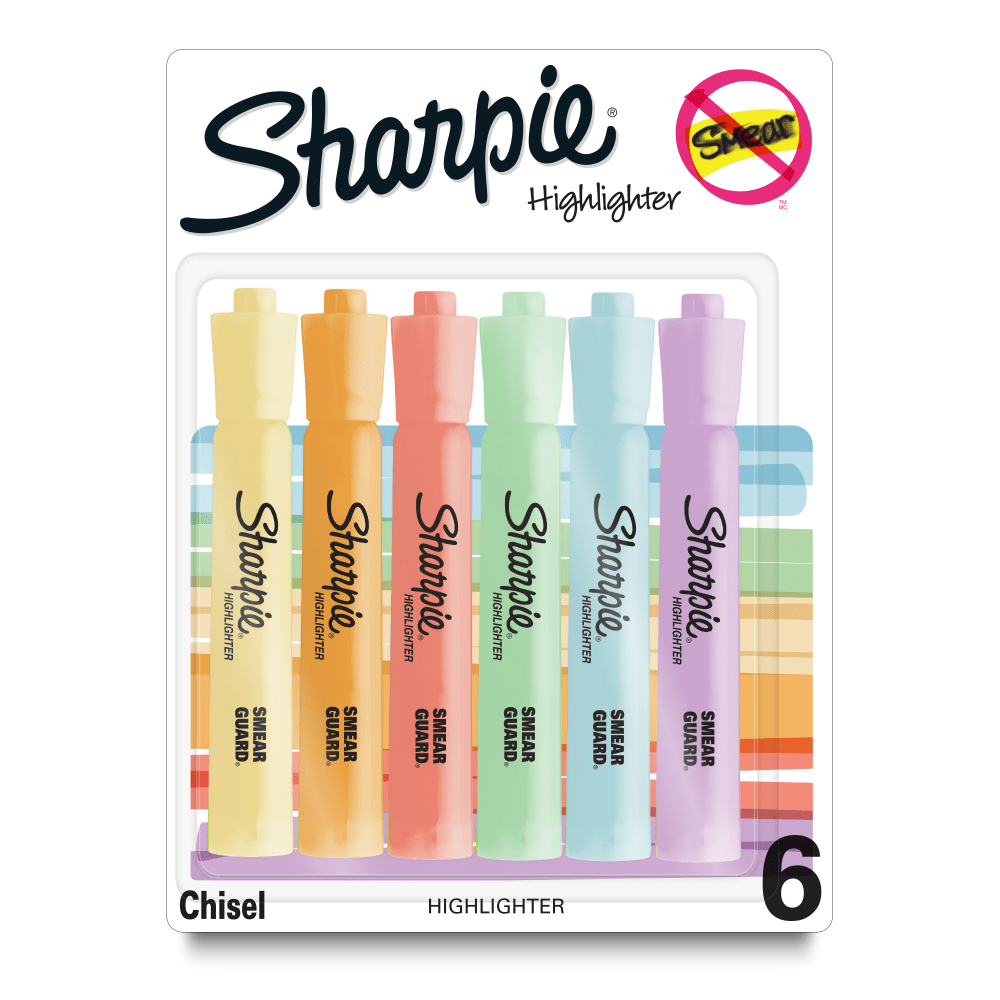 Sharpie Tank-Style Highlighters, Chisel Tip, Mild Pastel Barrels, Mild Pastel Inks, Pack Of 6 Highlighters