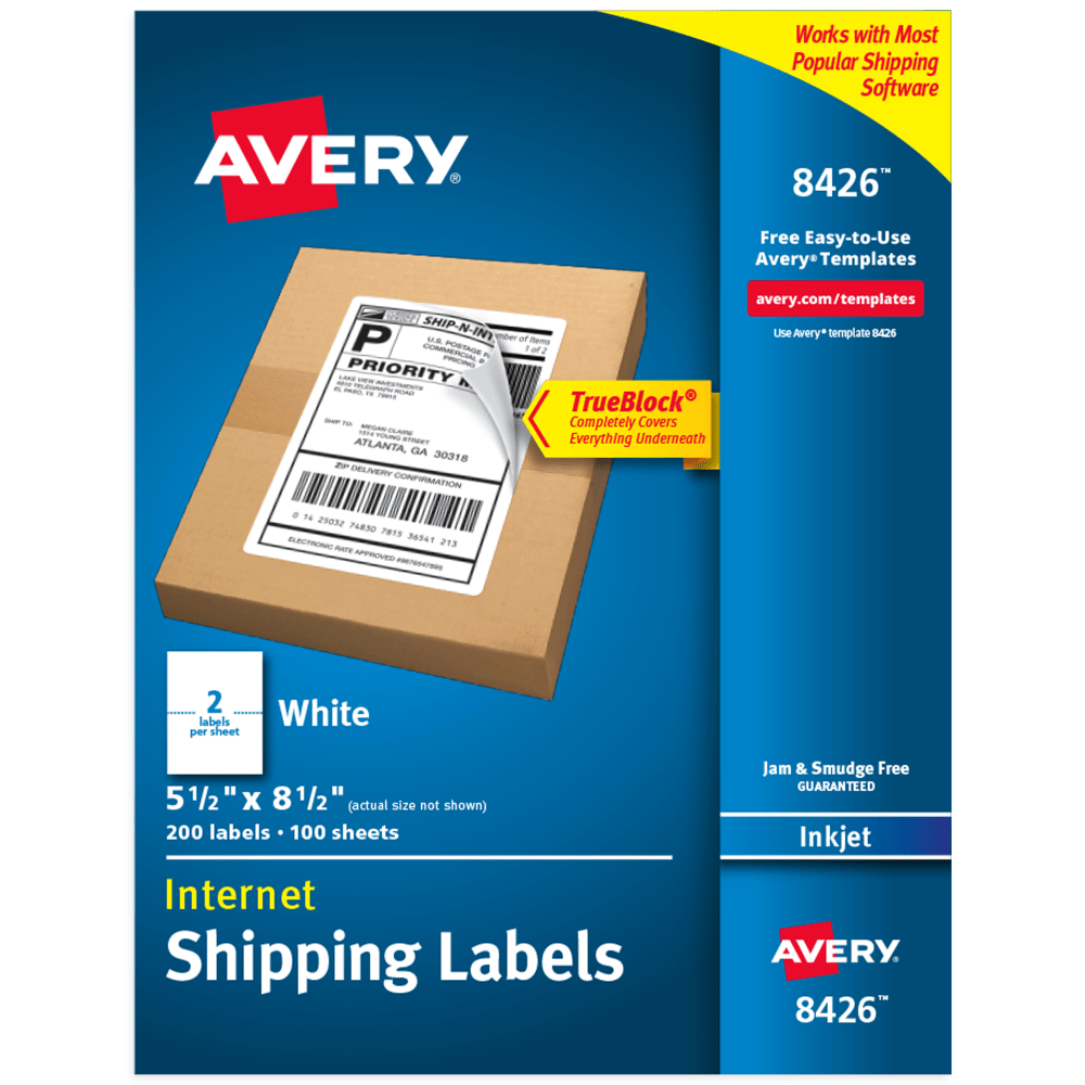 Avery Printable TrueBlock Shipping Labels, 8426, Rectangle, 5-1/2in x 8-1/2in, White, Pack Of 200