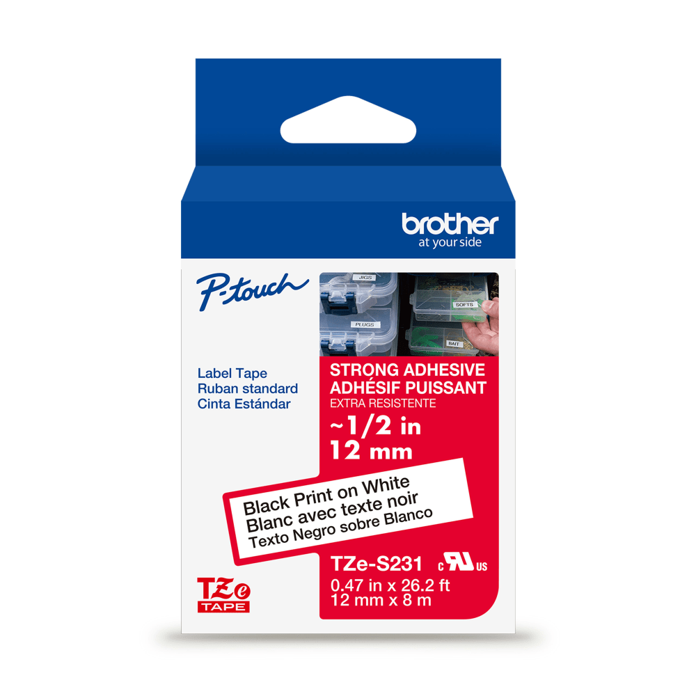 Brother P-touch TZeS231, Strong Adhesive, Laminated, 0.47 in x 26.2 ft (12mm x 8m), Black on White Label Tape