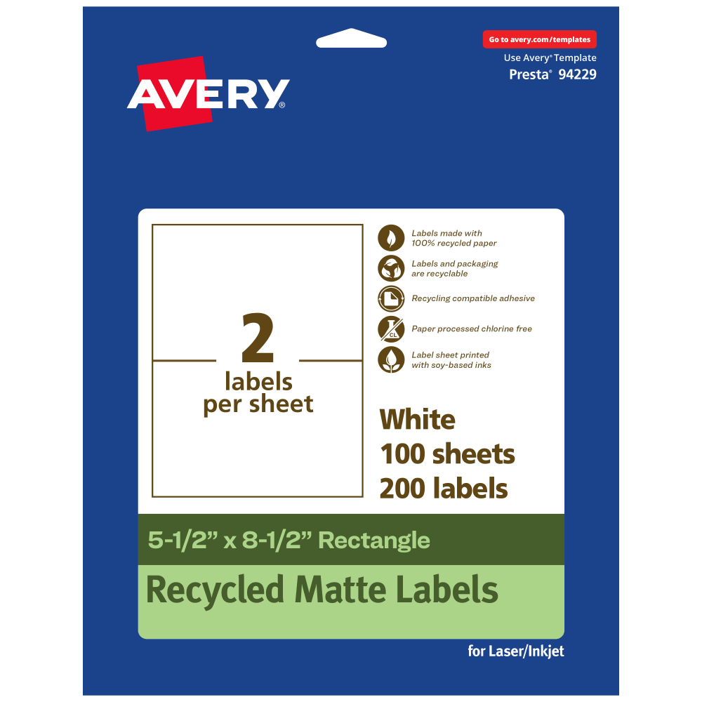 Avery Recycled Paper Labels, 94229-EWMP100, Rectangle, 5-1/2in x 8-1/2in, White, Pack Of 200