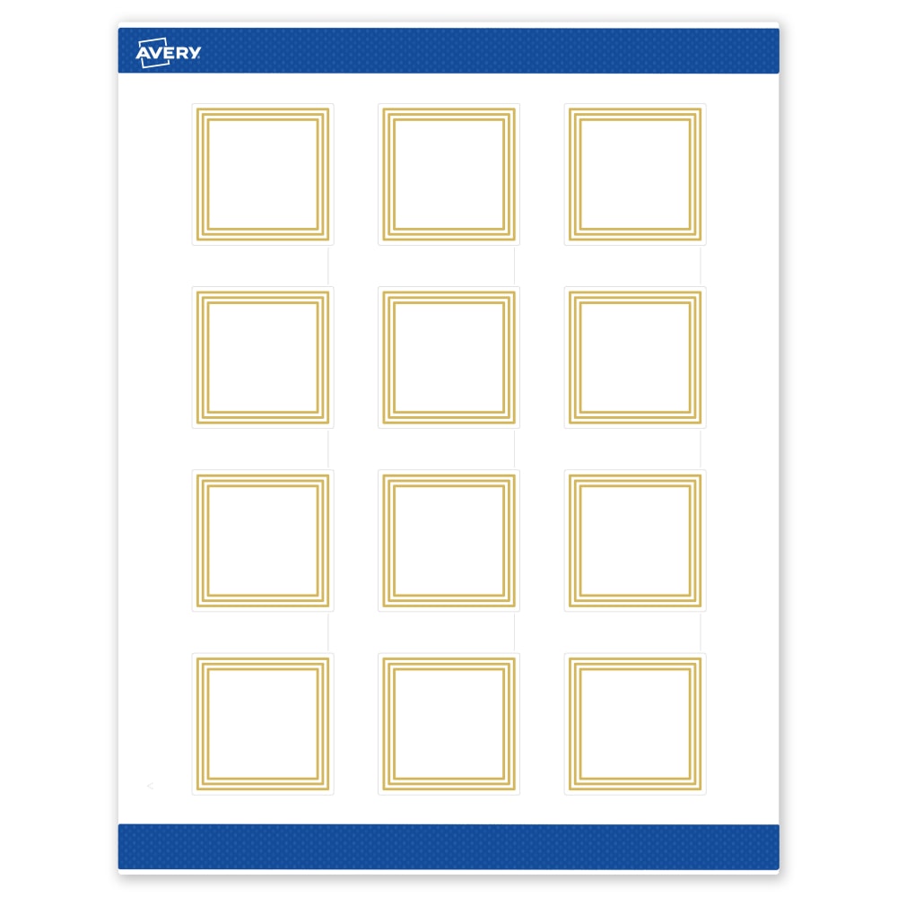 Avery Print-To-The-Edge Labels & Sure Feed, S00-DHT-PRWMP10, 2in x 2in, Matte White, Preprinted Multi-Lined Gold Border Design, Pack Of 120