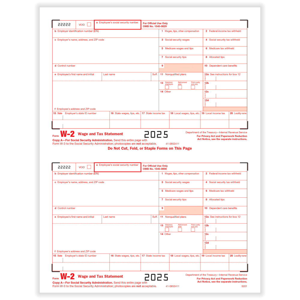 ComplyRight W-2 Tax Forms, IRS Federal Copy A, 2-Up, 8-1/2in x 11in, Pack Of 100 Forms, 52015025
