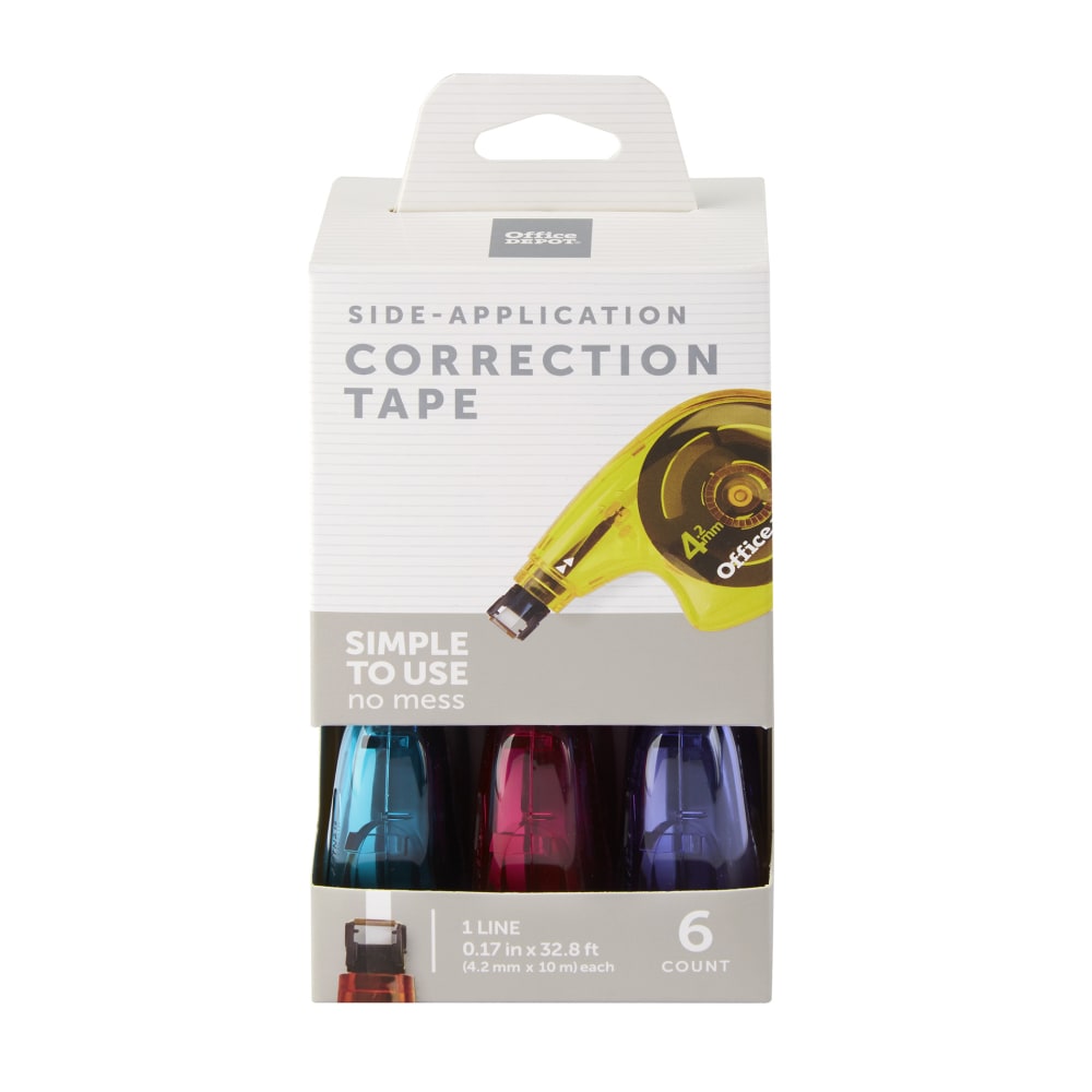 Office Depot Brand Side-Application Correction Tape, 1 Line x 392in, Assorted Colors, Pack Of 6