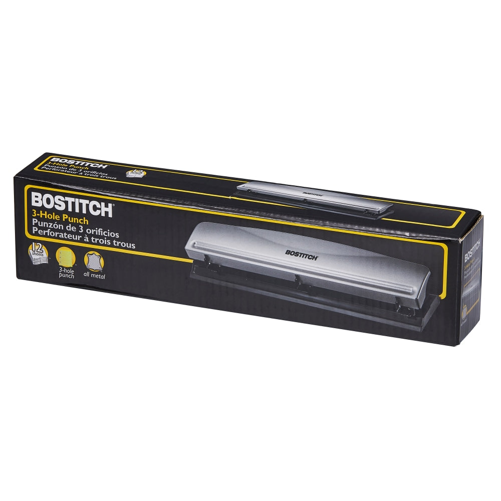 Bostitch Premium 3-Hole Punch, 12-Sheet Capacity, All-Metal, Rubber Base, Easy-Clean Tray, Silver/Black