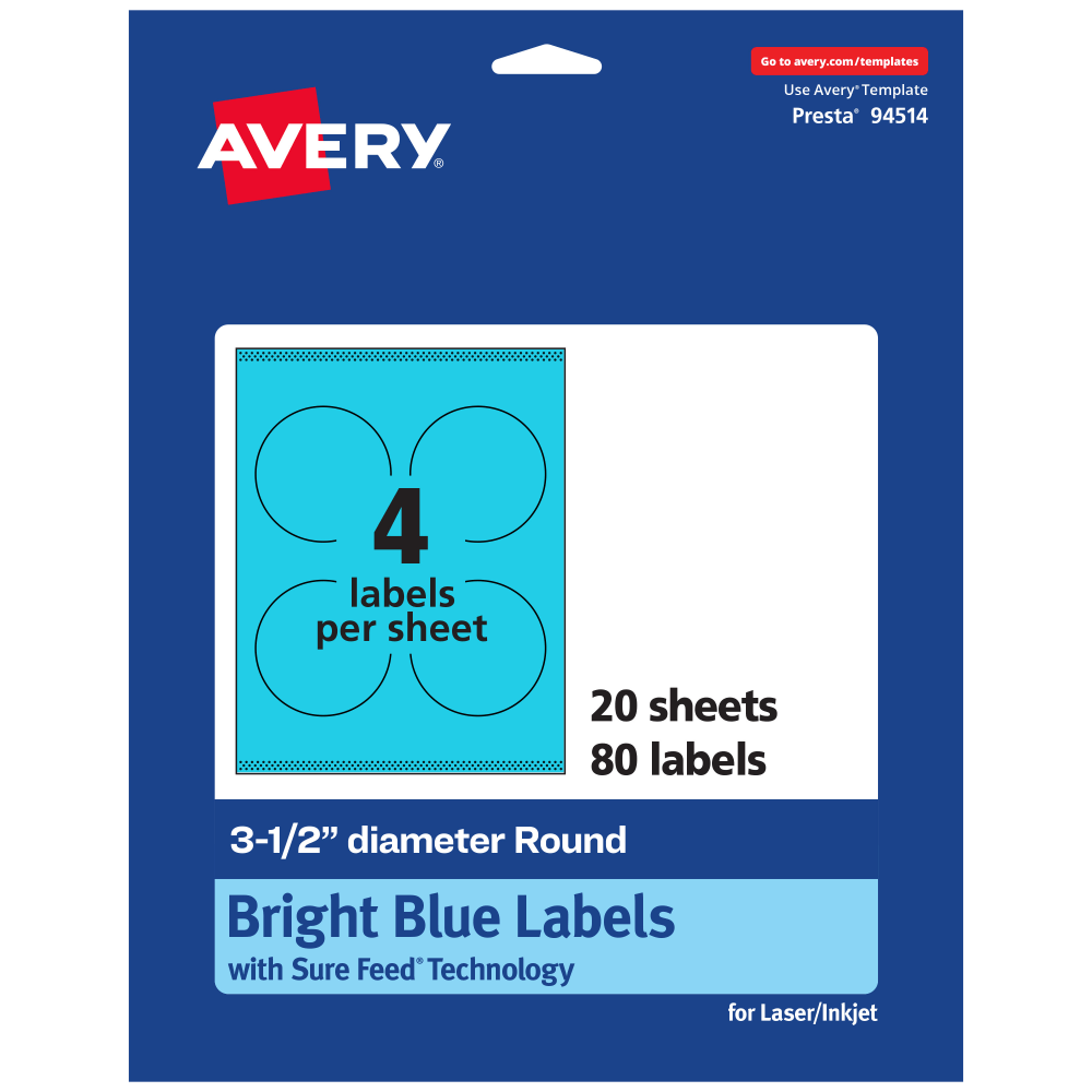 Avery Print-To-The-Edge Labels With Sure Feed Technology And Easy Peel Label Feature, 94514-BBP20, Round, 3-1/2in, Matte Bright Blue, Pack of 80