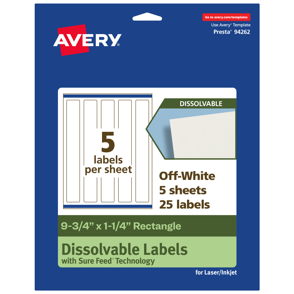 Avery Print-to-the-Edge Dissolvable Labels With Sure Feed Technology, 94262-DWMP5, Rectangle, 9-3/4inx1-1/4in, Matte Off-White, Pack Of 25