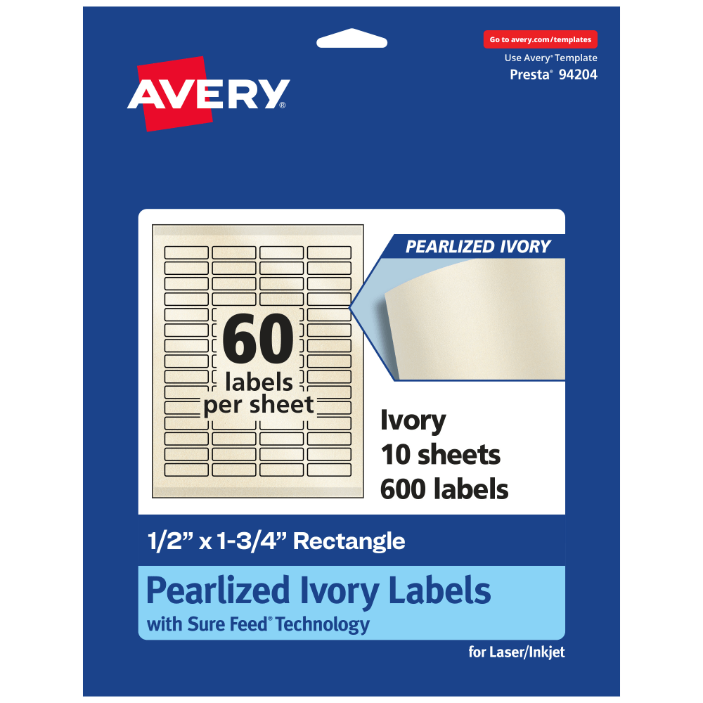 Avery Pearlized Permanent Labels With Sure Feed, 94204-PIP10, Rectangle, 1/2in x 1-3/4in, Ivory, Pack Of 600 Labels
