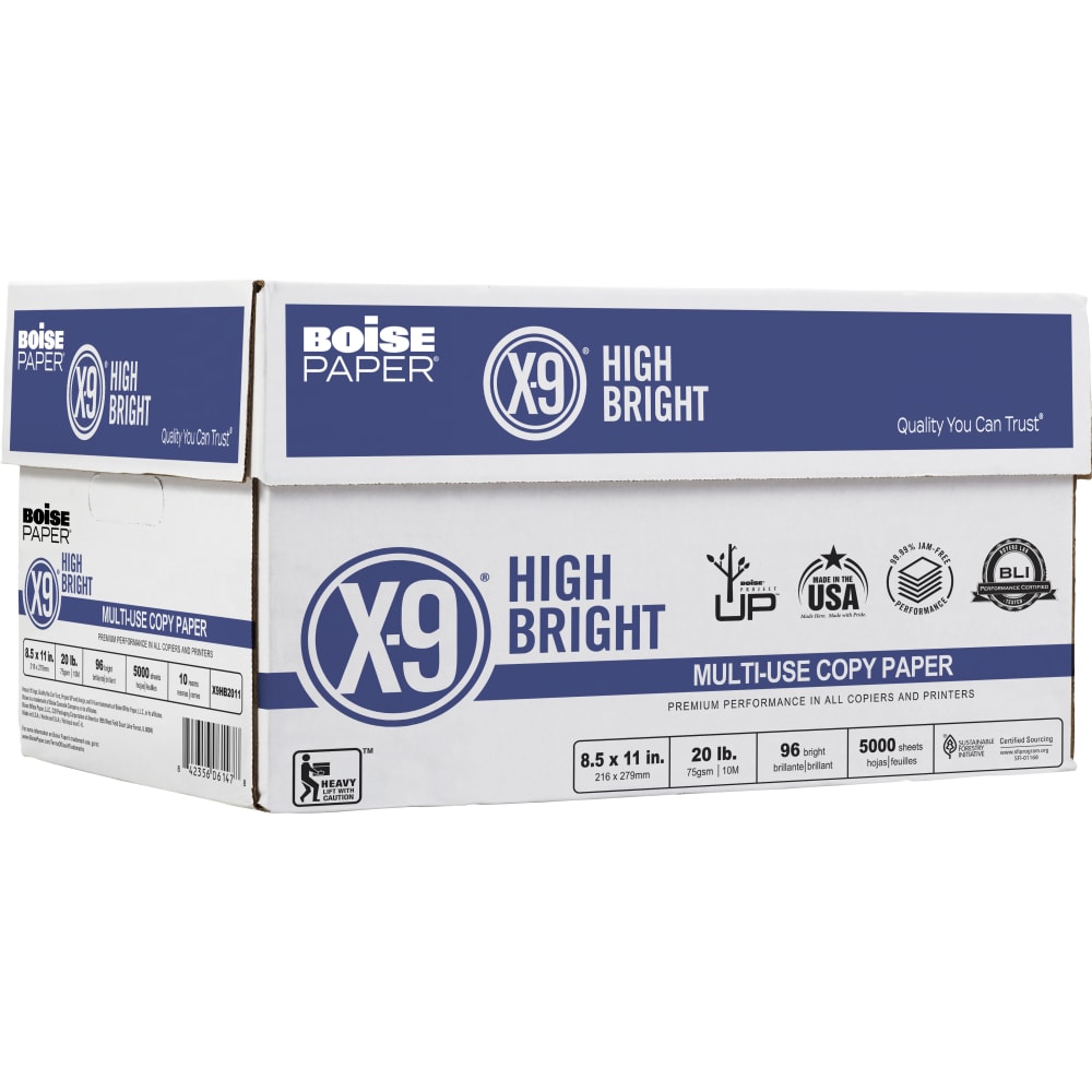 Boise X-9 High Bright Multi-Use Printer & Copy Paper, 10 Reams, White, Letter (8.5in x 11in), 5000 Sheets Per Case, 20 Lb, 96 Brightness
