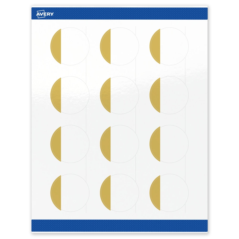 Avery Print-To-The-Edge Labels With Sure Feed Technology, S00-D1Q-PRWGP10, Round, 2in, Glossy White, Preprinted Dipped Gold Edge Design, Pack Of 120