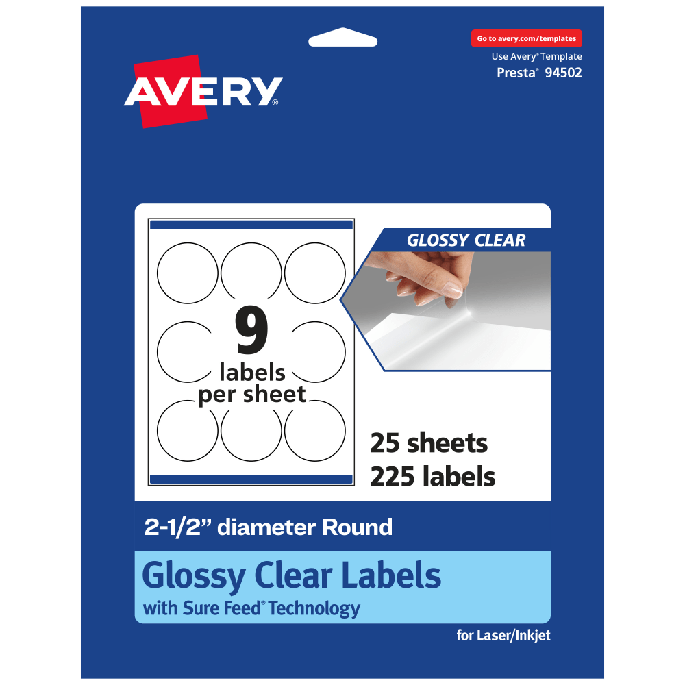Avery Glossy Permanent Labels With Sure Feed, 94502-CGF25, Round, 2-1/2in Diameter, Clear, Pack Of 225