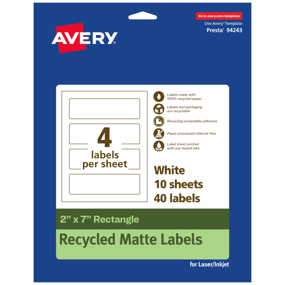 Avery Recycled Paper Labels, 94243-EWMP10, Rectangle, 2in x 7in, White, Pack Of 40
