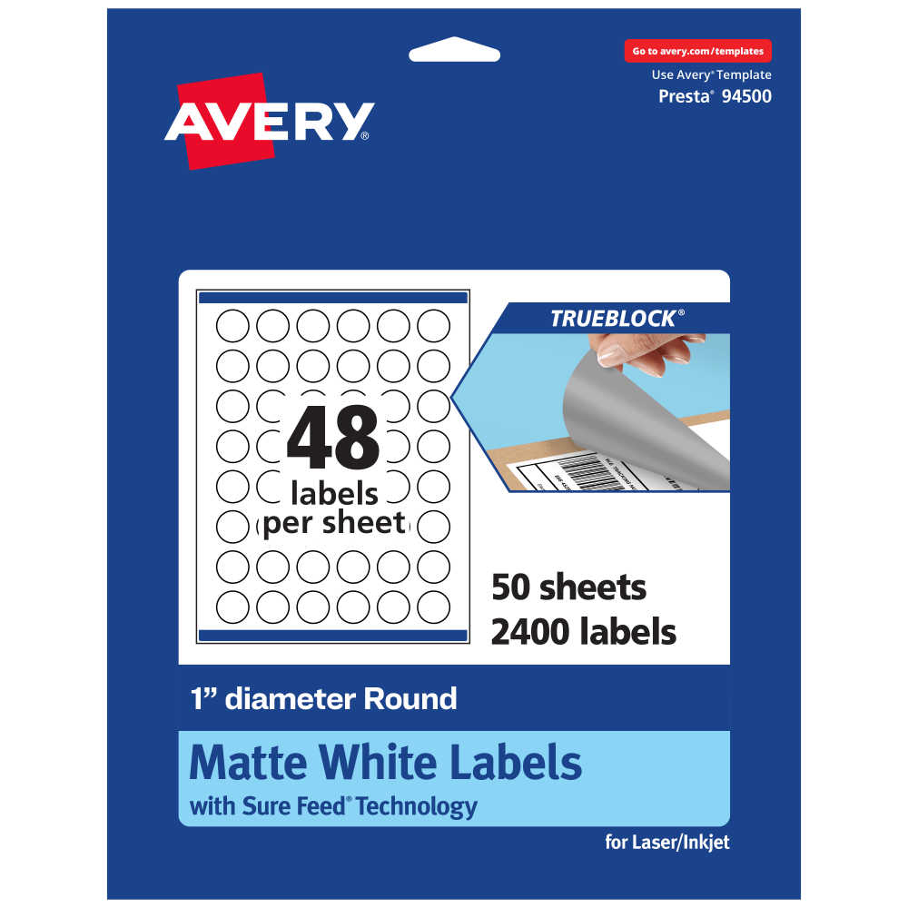 Avery Print-To-The-Edge TrueBlock Labels With Sure Feed, 94500-TWMP50, Round, 1in, Matte White, Pack Of 2400